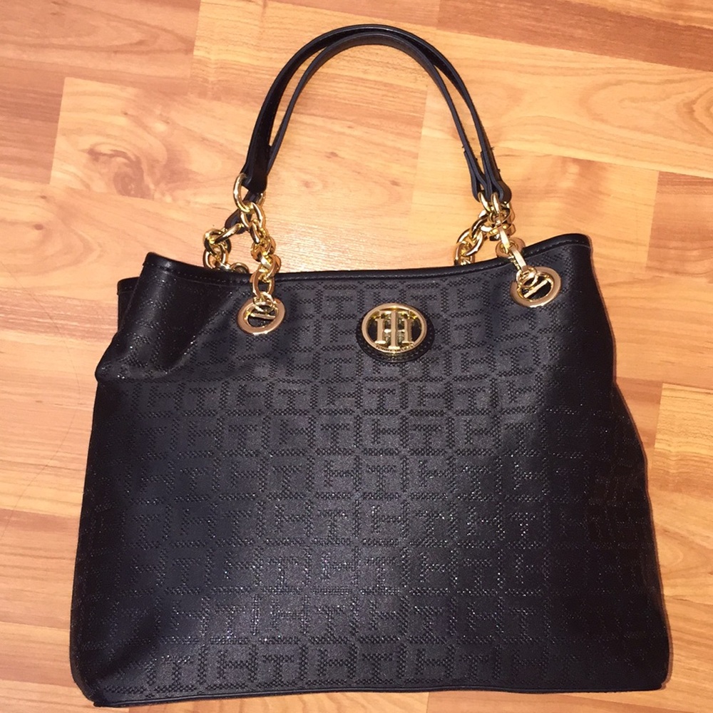 Tommy Hilfiger black and gold chain handbag purse